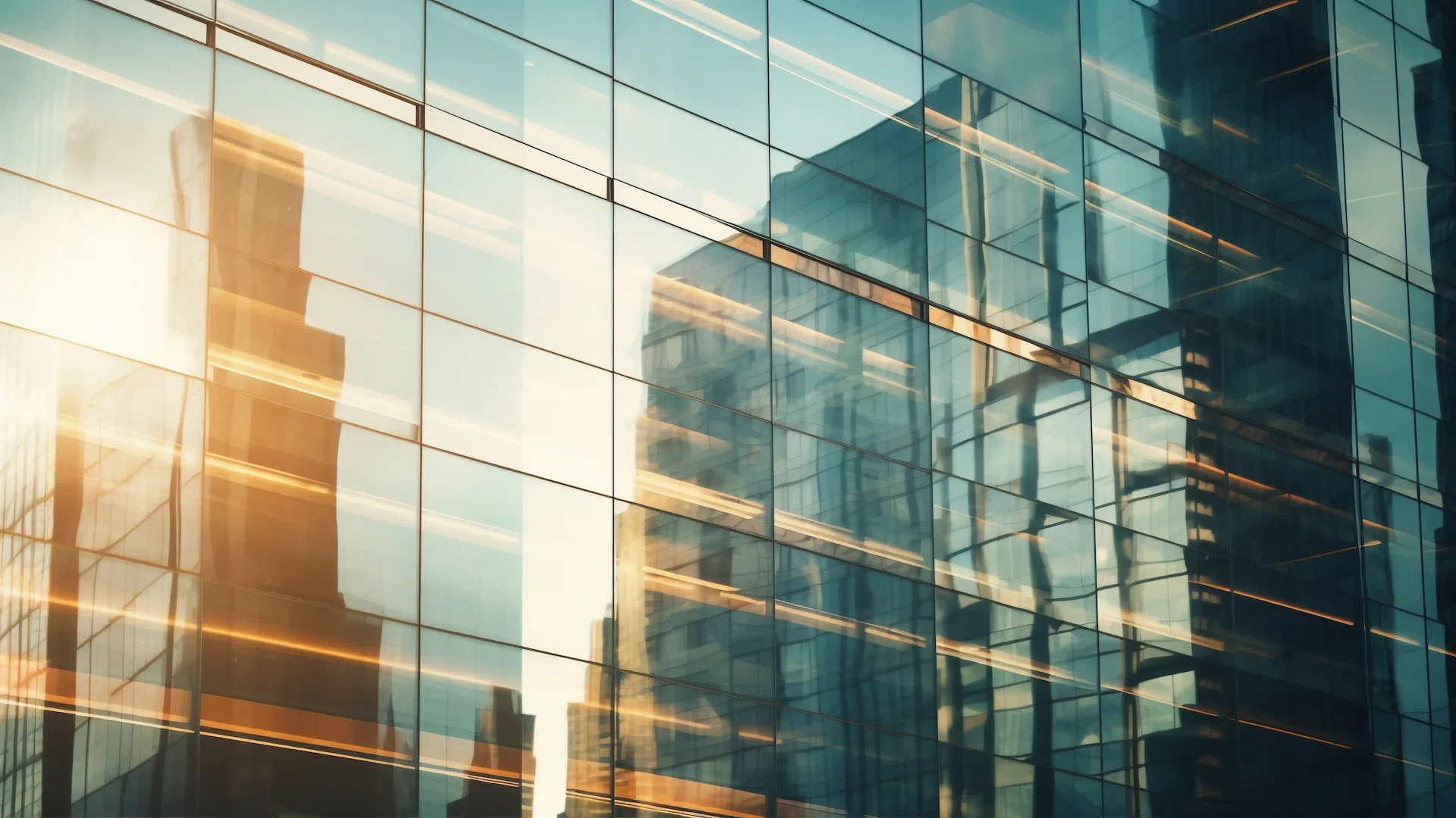 Los reflejos de los rascacielos circundantes brillan en la fachada de cristal de un edificio moderno, iluminado por la suave luz del sol.