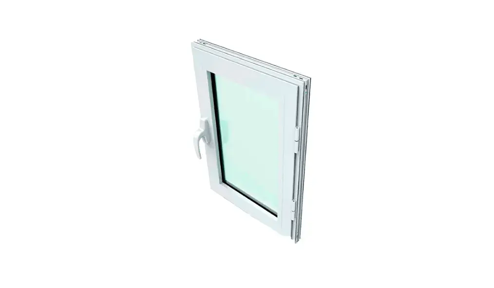 Una ventana blanca moderna con manilla, con cristal transparente y un diseño elegante, ligeramente entreabierta sobre un fondo blanco.