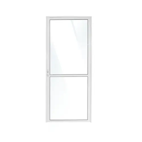 Puerta de cristal blanco de doble panel con un marco sencillo, que presenta un diseño elegante y moderno y una estética minimalista.