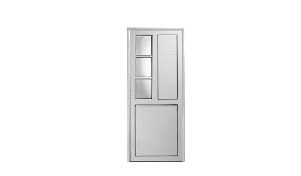 Una puerta moderna con un panel inferior sólido y cuatro ventanas rectangulares dispuestas verticalmente en el lado izquierdo.