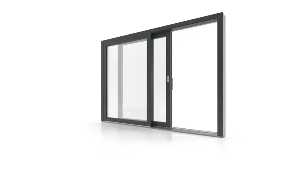 Puerta corredera moderna de cristal con marco negro, parcialmente abierta, sobre un fondo blanco brillante.