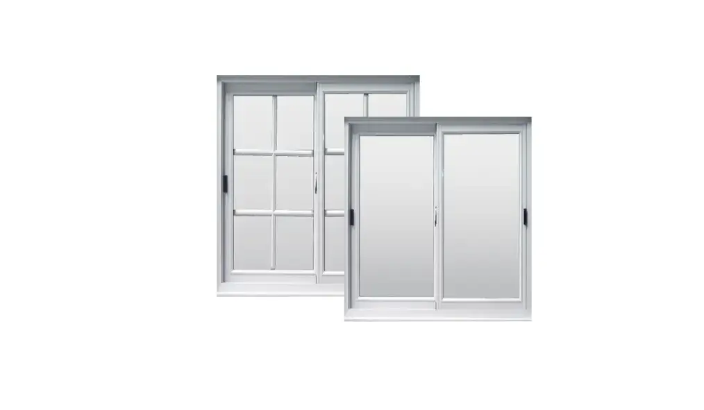 Dos tipos de ventanas: una ventana de doble hoja con seis paneles a la izquierda y una puerta corredera de cristal a la derecha, ambas con marcos blancos.