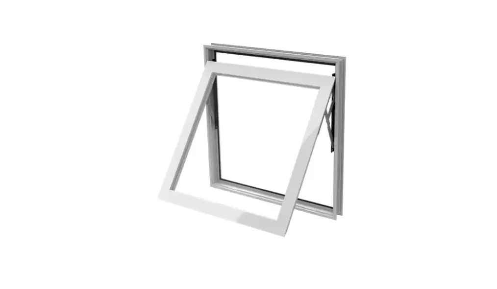 Una ventana moderna con marco blanco parcialmente abierta, que muestra su elegante diseño y sus mecanismos internos.