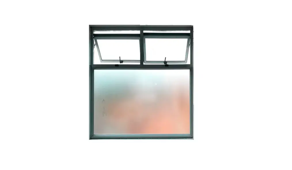 Una ventana moderna con dos aberturas con bisagras superiores y un panel de vidrio esmerilado, que permite que se filtre una luz suave.