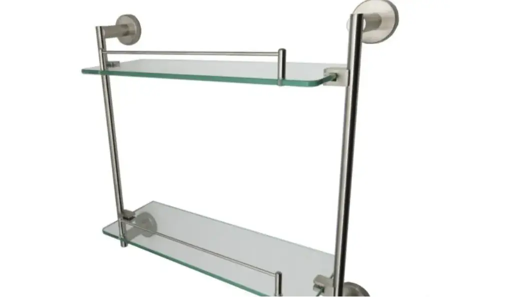 Estantería moderna de acero inoxidable y cristal con dos estantes de cristal templado y elegantes accesorios. Ideal para el almacenamiento en el baño o la cocina.